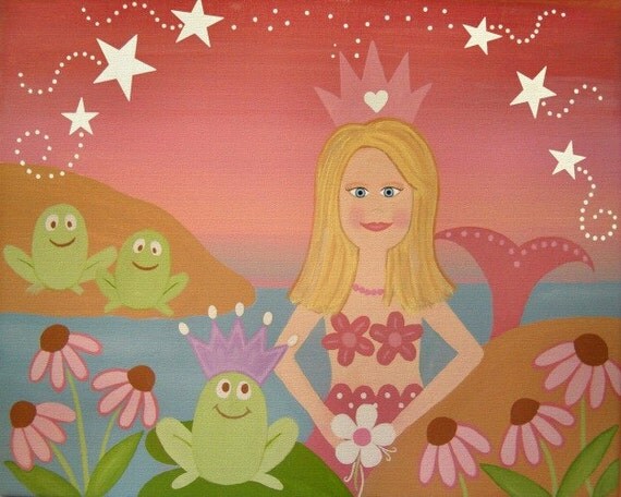Mermaid Princess & Frog Prince Kids Wall Art for Kids Room Art - Girls Kids Art Prints from Original Kids Paintings by TwoLittleWitches