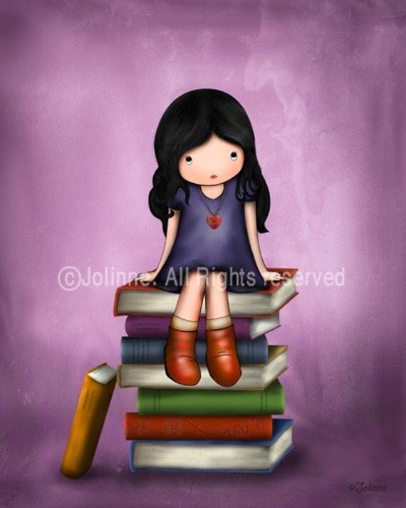 Children wall art room decor, kids reading room wall hanging, girls art, girl sitting on books