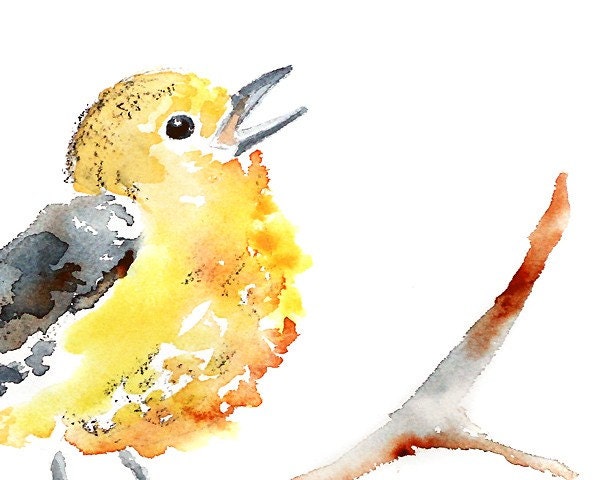 bird art, yellow childrens decor, art for kids room, Watercolor print, whimsical bird - Puff of Song 8x10 print