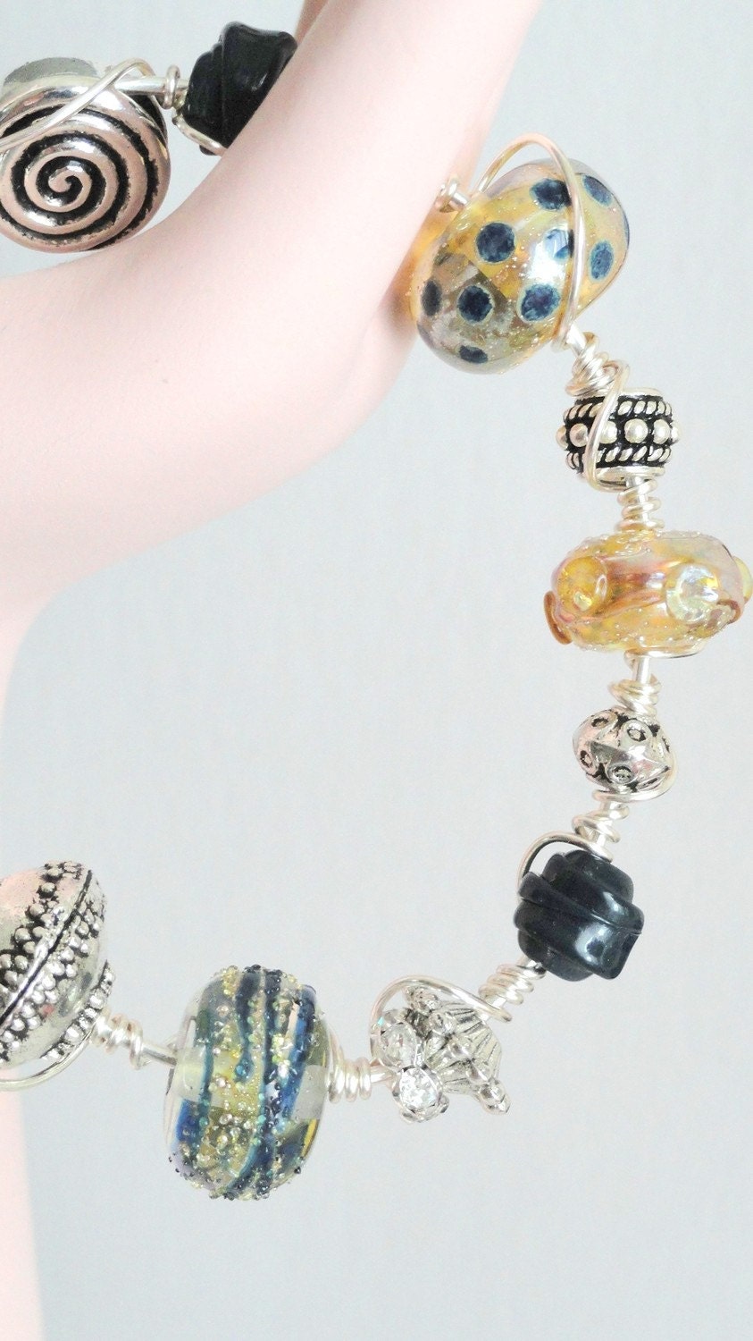 Yellow and Blue Polka Dot  Lampwork Bead Wire Wrapped Bracelet