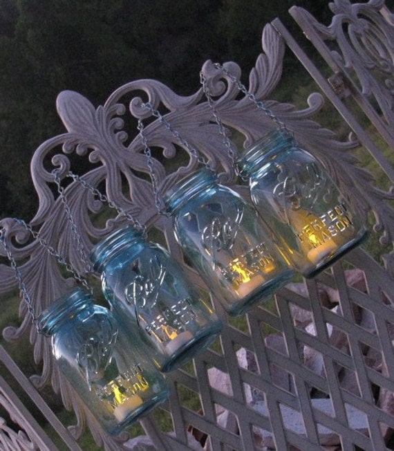 Vintage Aqua Quart Size Ball Mason Jar Hanging Lanterns Perfect for Winter