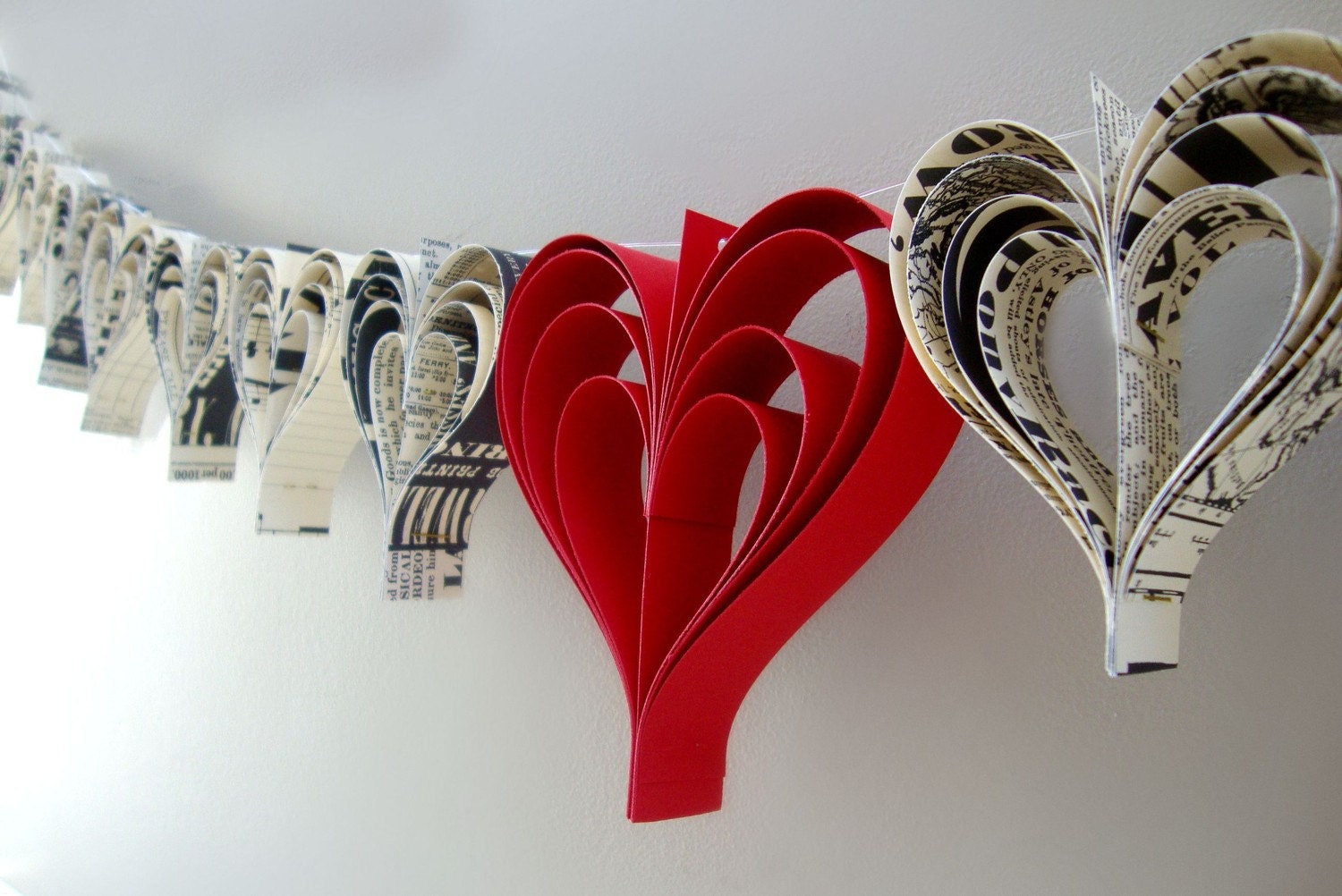 Heart garland banner Valentines Vintage a garland of hand cut hearts