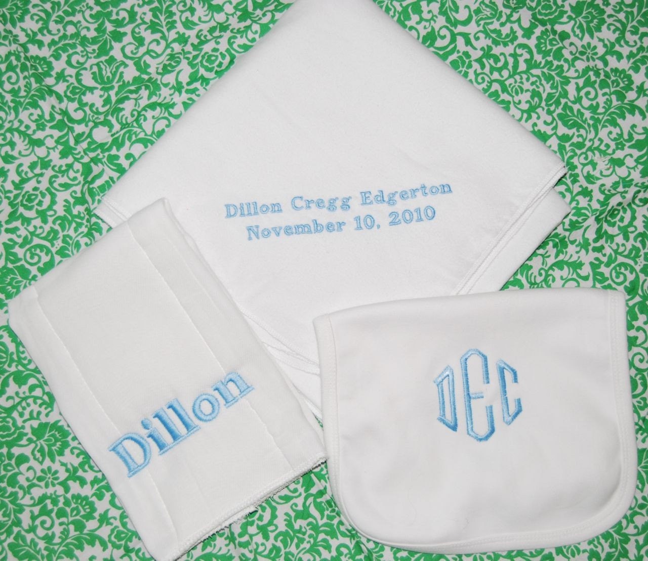 Newborn Gift Set, Simply Personalized Swaddling Blanket, Cotton Bib, and Burp Cloth