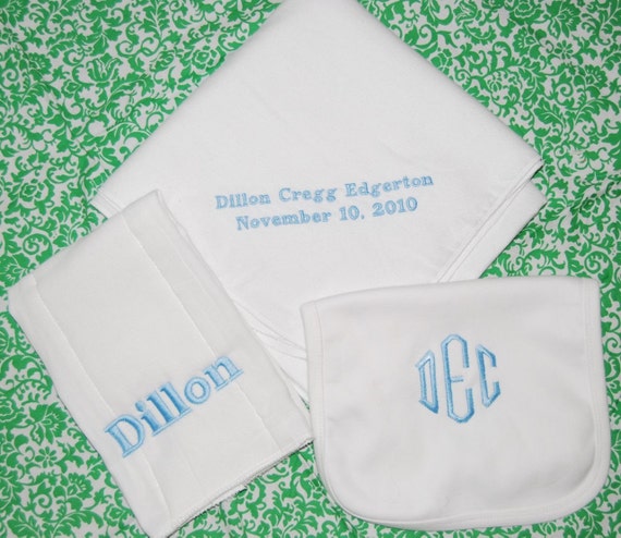 Newborn Gift Set, Simply Personalized Swaddling Blanket, Cotton Bib, and Burp Cloth