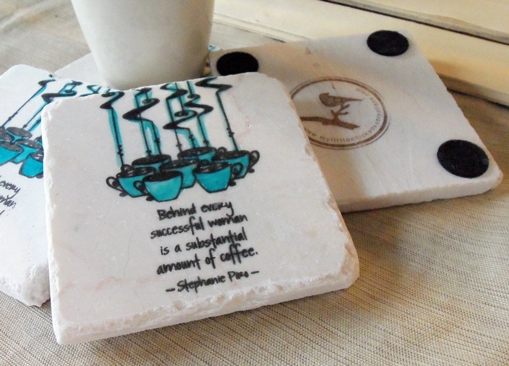 Steaming Hot Coffee Cup Tile Coasters, Set of 4, Azure Blue