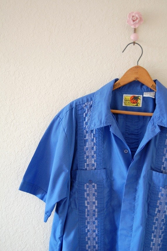 SALE Mens Vintage Blue Mexican Wedding Embroidered Shirt Haband GUAYABERA
