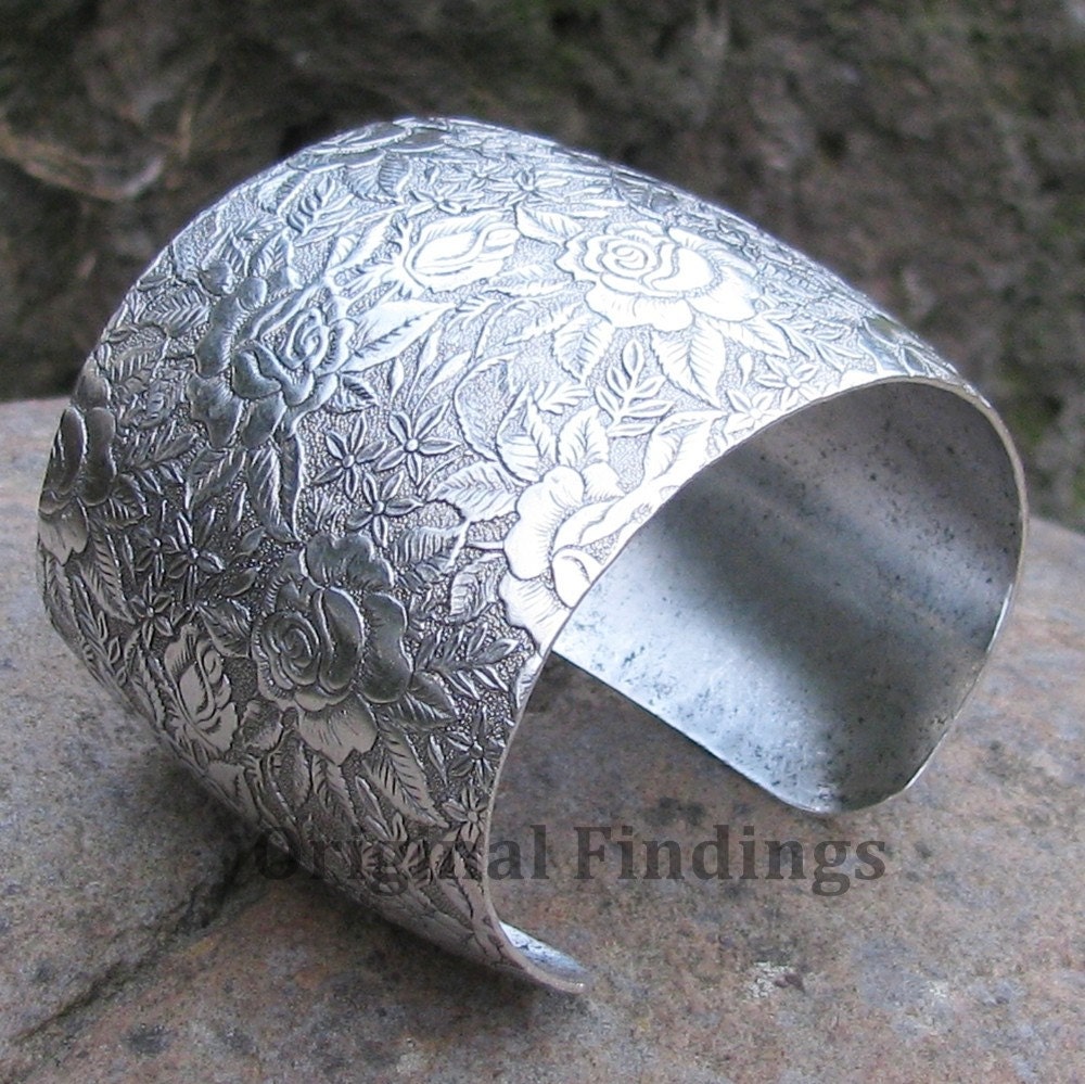 Blank Cuff Bracelet Etched Rose flower Antique Silver 2 inch cuff 1227