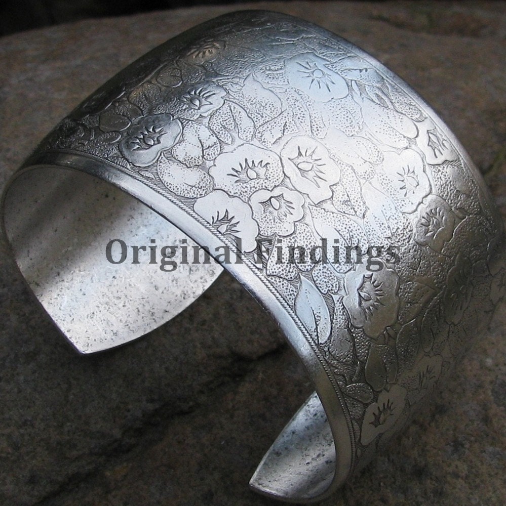 Cuff Bracelet Blank Etched Flower Antique Silver 1 1/2 inch Style No. 1100
