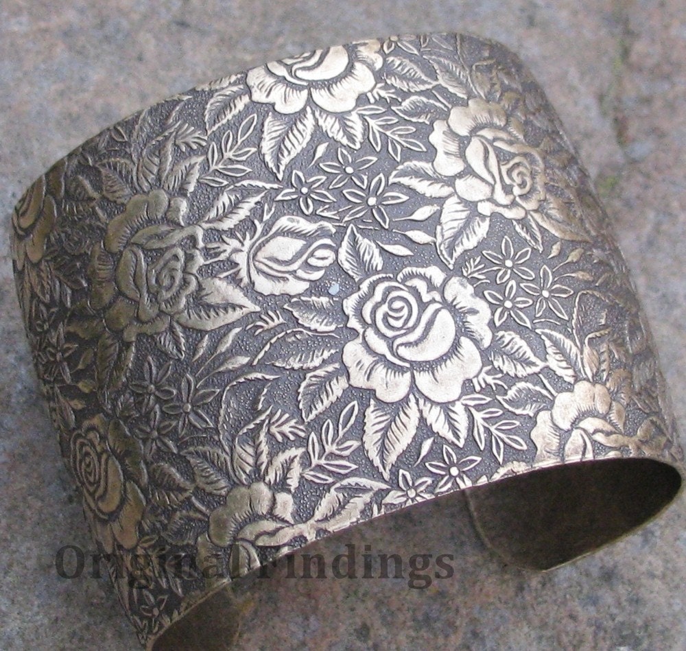 1 Etched Rose flower Antiqued Brass 2 inch cuff 1227