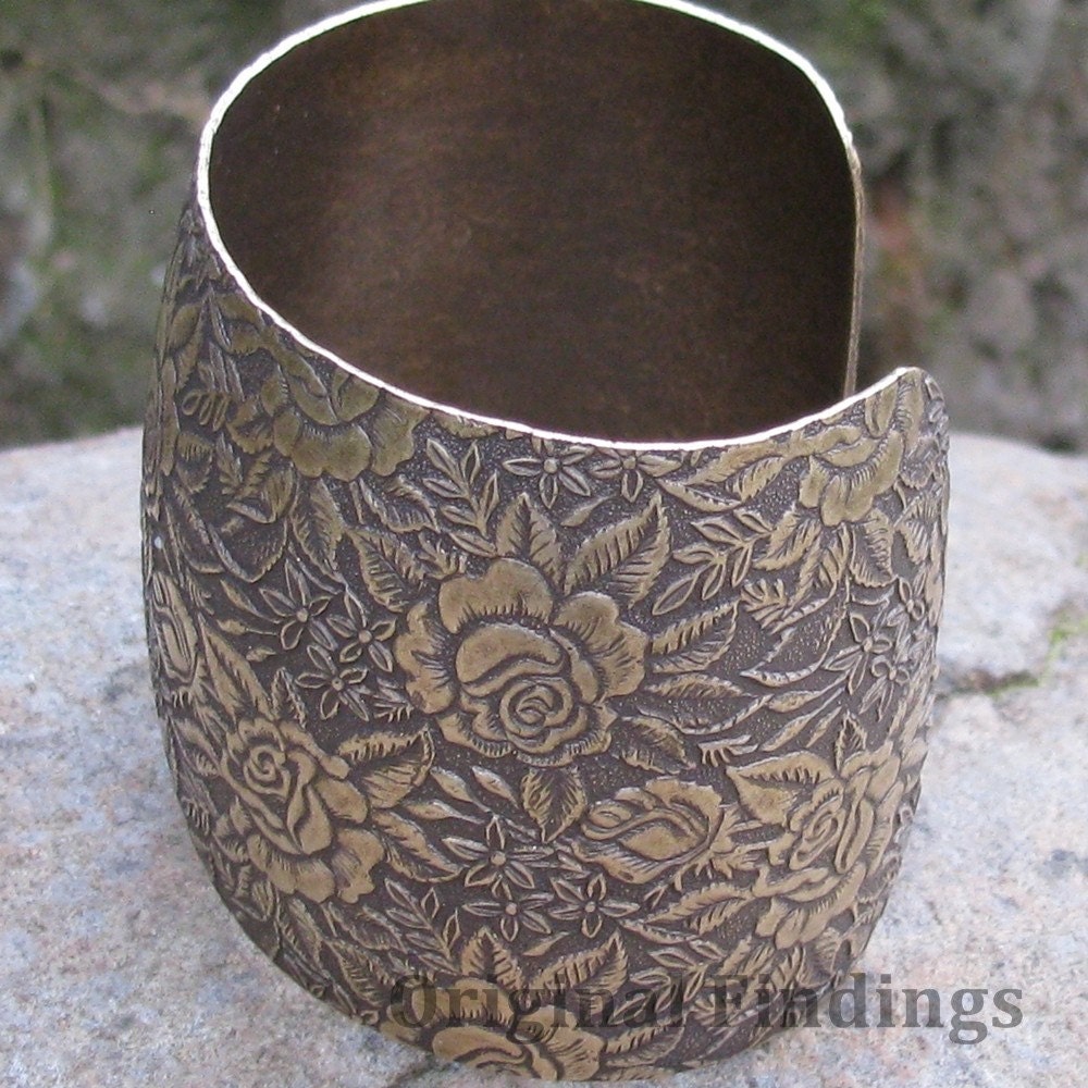 1 Etched Rose flower Antiqued Brass 2 inch cuff 1227