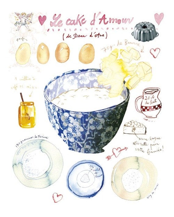 Recipe for a LOVE cake - 8X10 print - Food art for a blue kitchen