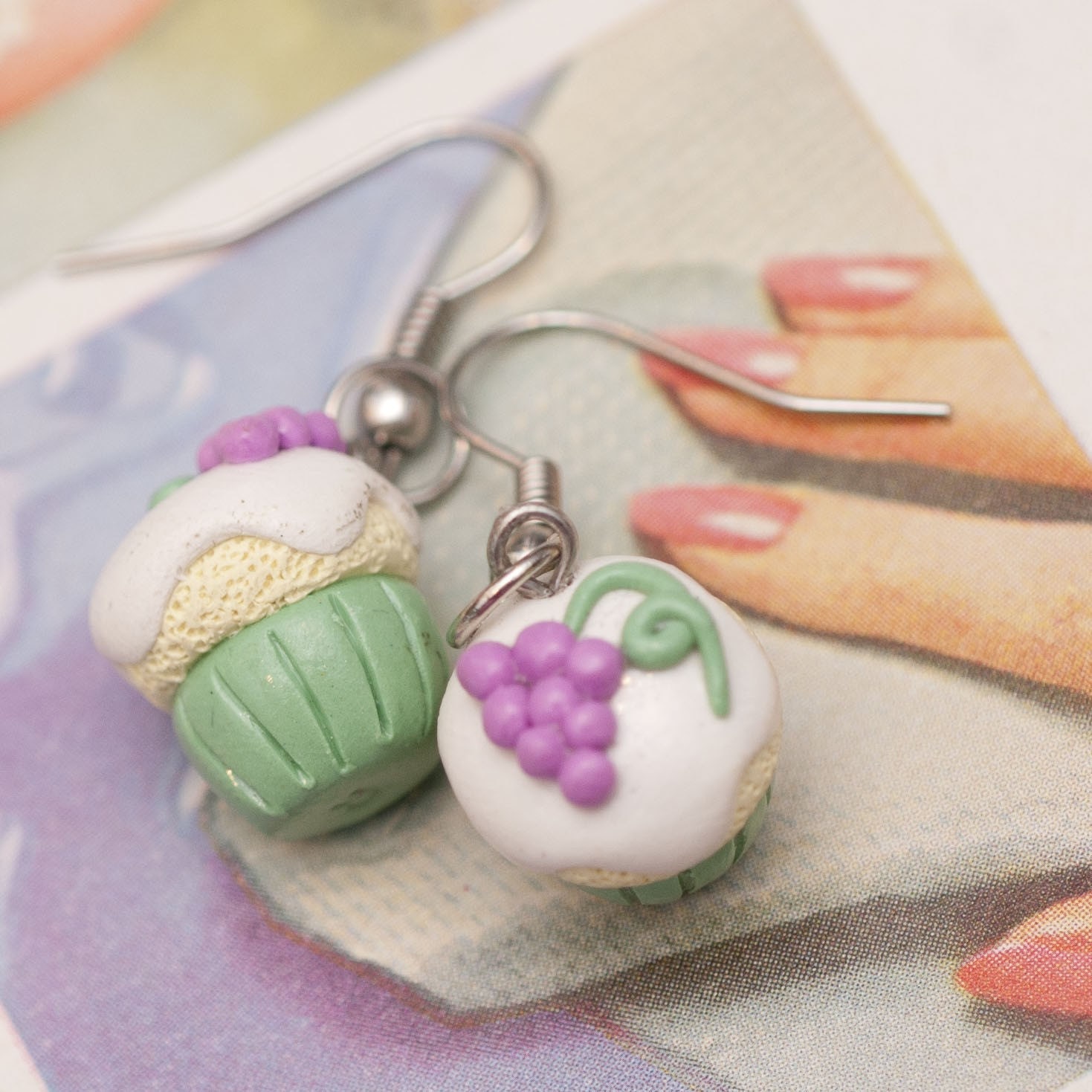 CLEARANCE SALE Earrings - Grape and Mint Cupcakes Handmade by Roscata