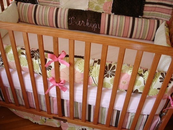 Custom Pink Brown Green City Girl Baby 4-Piece Crib Bedding Set