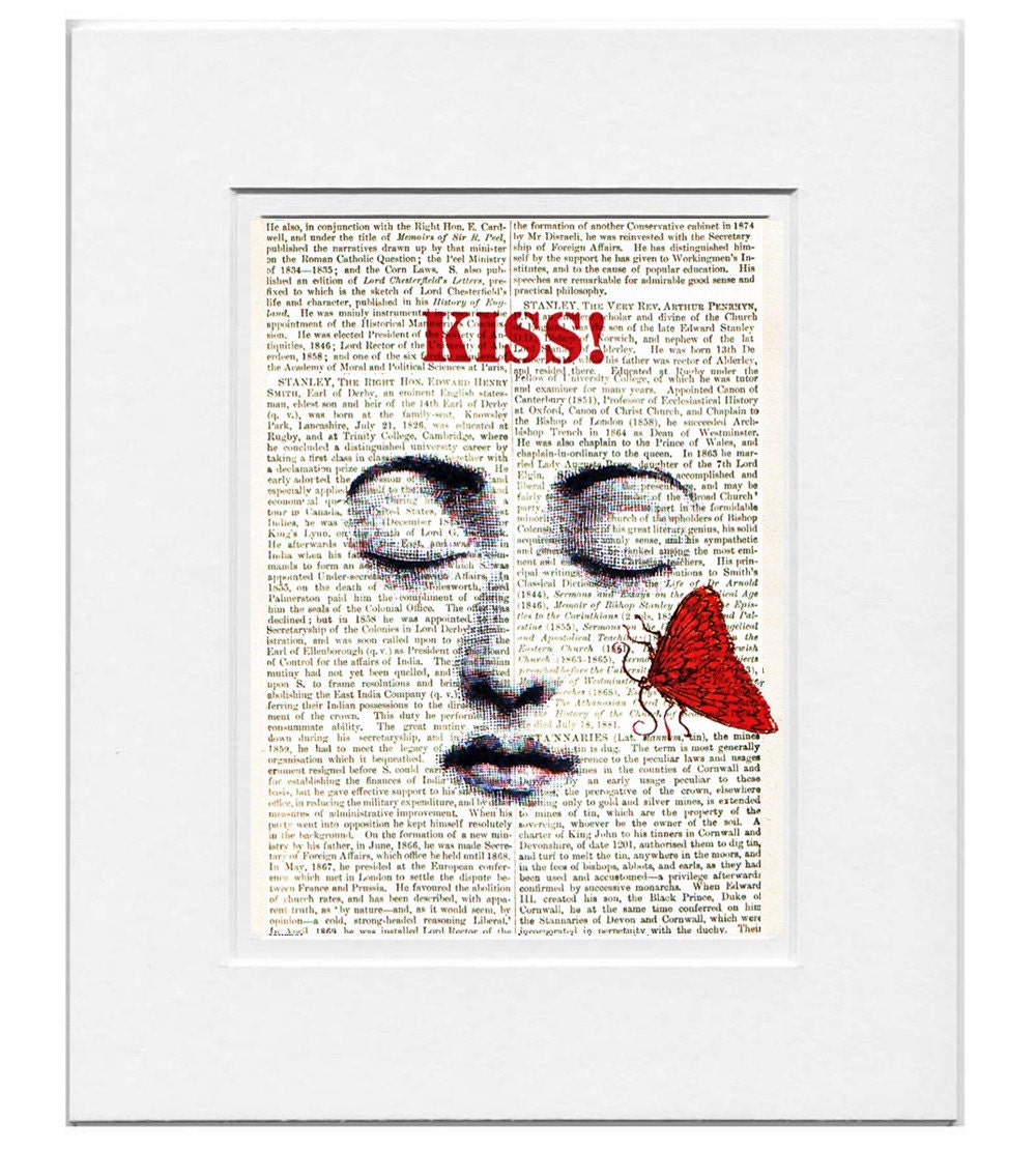 Big KISS - ORIGINAL ARTWORK  printed on Repurposed Vintage Dictionary page- Free Domestic Shipping