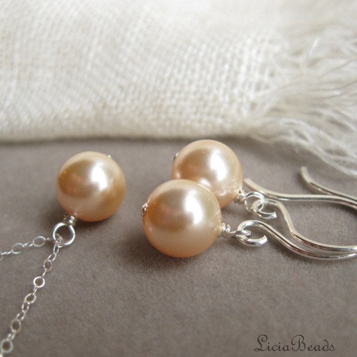 Bride in Pearls - necklace and earring set in peach, custom colors available