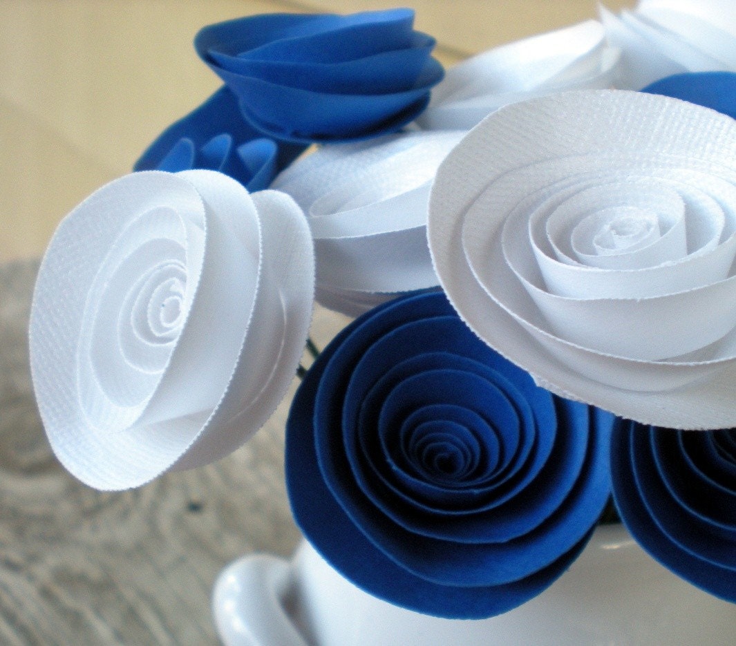 Royal Blue & White Handmade Paper Flowers Bouquet -- Duke -- Blue Devils -- Durham
