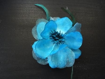 Rose teal blue wedding large hair comb satin organza feathers prom pageant
