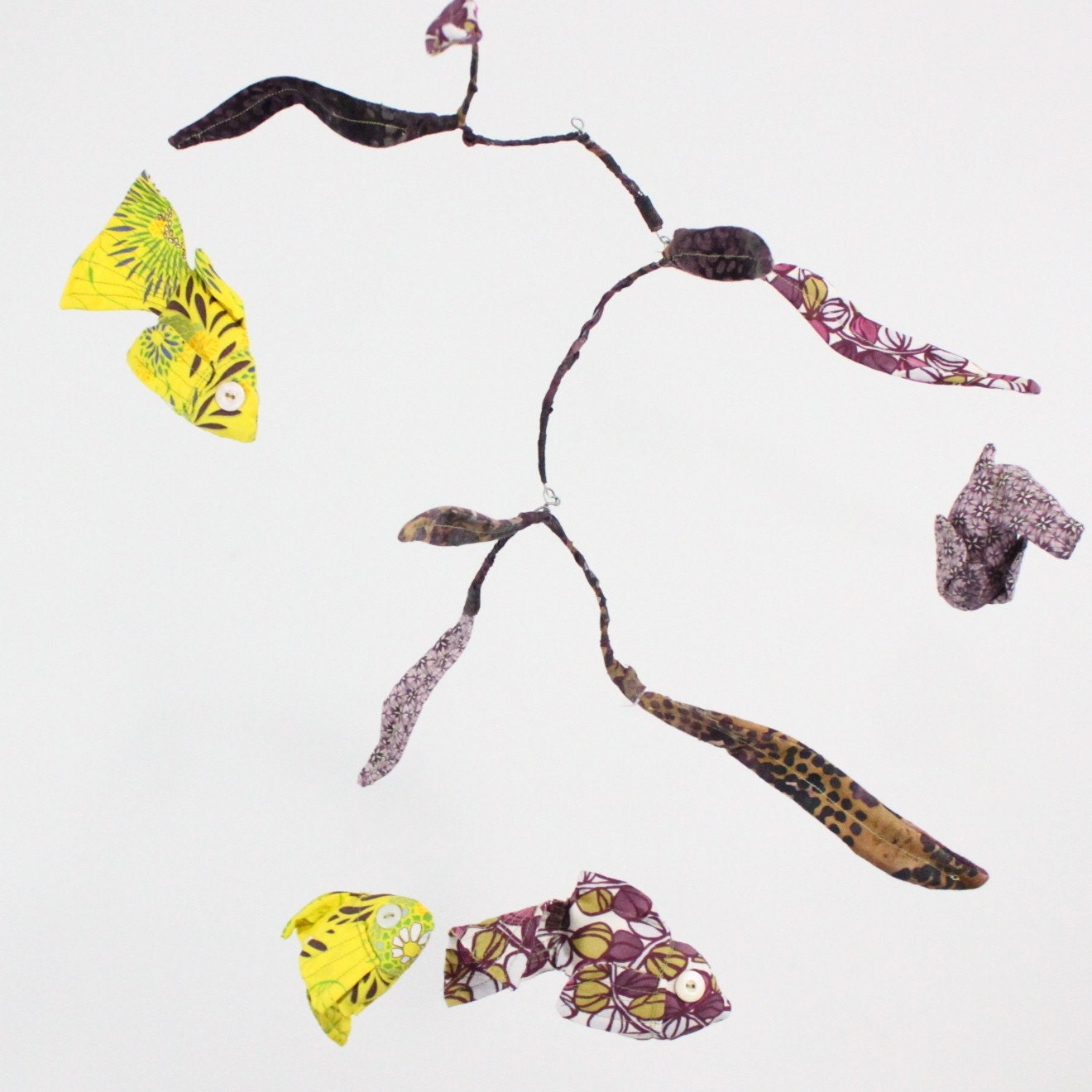 4 Goldfish swim along merrily - fabric mobile in lemon yellow,  amethyst purple, ink black, white and a touch of spring green