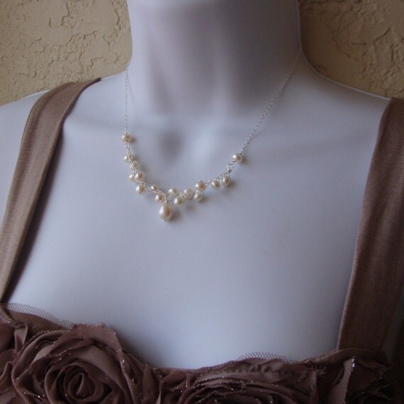 Crochet wire and pearl Necklace sterling silver chain and clasp Bridal jewelry Glamour and Glitz