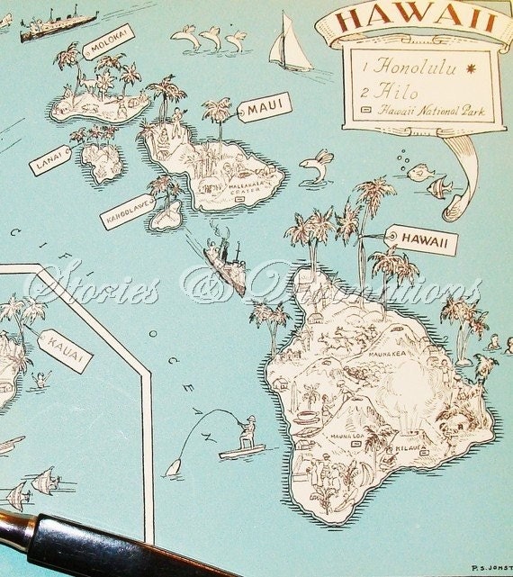 Hawaii - Vintage Maps - 1930s State Picture Maps - Hawaii - A Fun and Funky Little Vintage Map to Frame