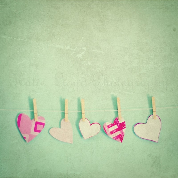 Paper Hearts on the Line - 8x8 Fine Art Photography Print - Five Feminine Pink Valentine's Nursery, Little Girl's Room and Home Decor Photo