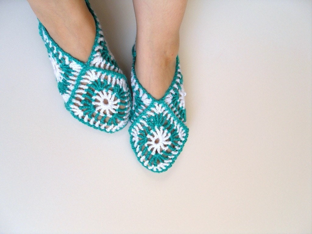 Granny Square Home Slippers Crocheted Slippers St patricks day Mint Caribbean Forest Jungle Winter Fashion