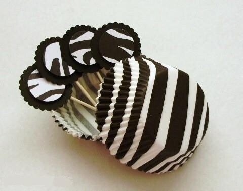 Black and White Zebra Stripe Cupcake Kit Cupcake Toppers Baking Cups 