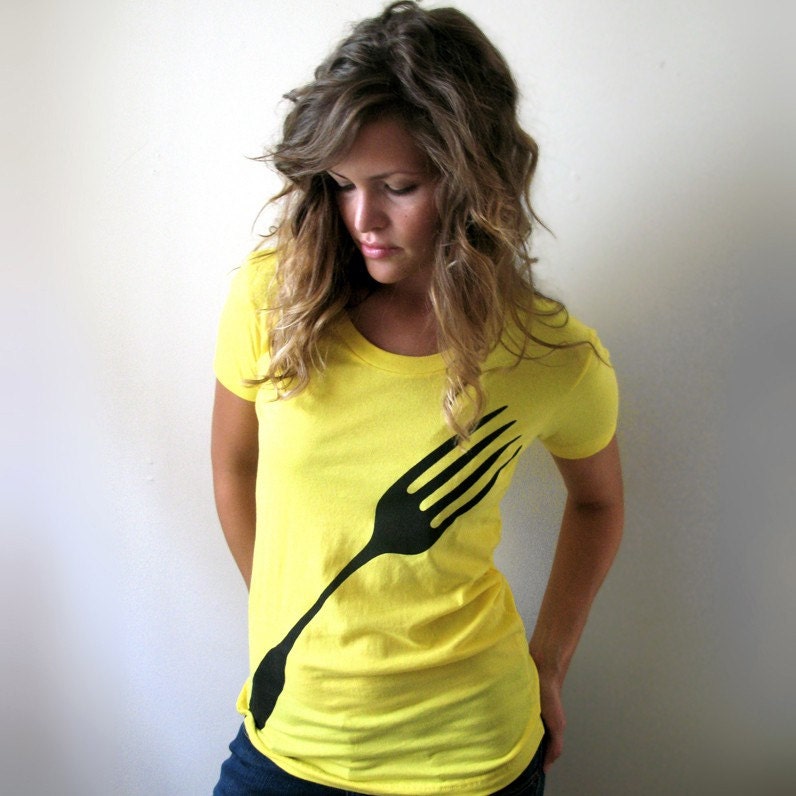 Giant Fork Womens Tshirt - Sunshine Yellow in Small to Large : foodie gift for her / stocking stuffer