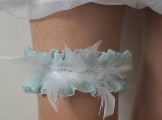 Light Blue Chiffon White Ribbon Bridal Garter with Feather Rhinestones