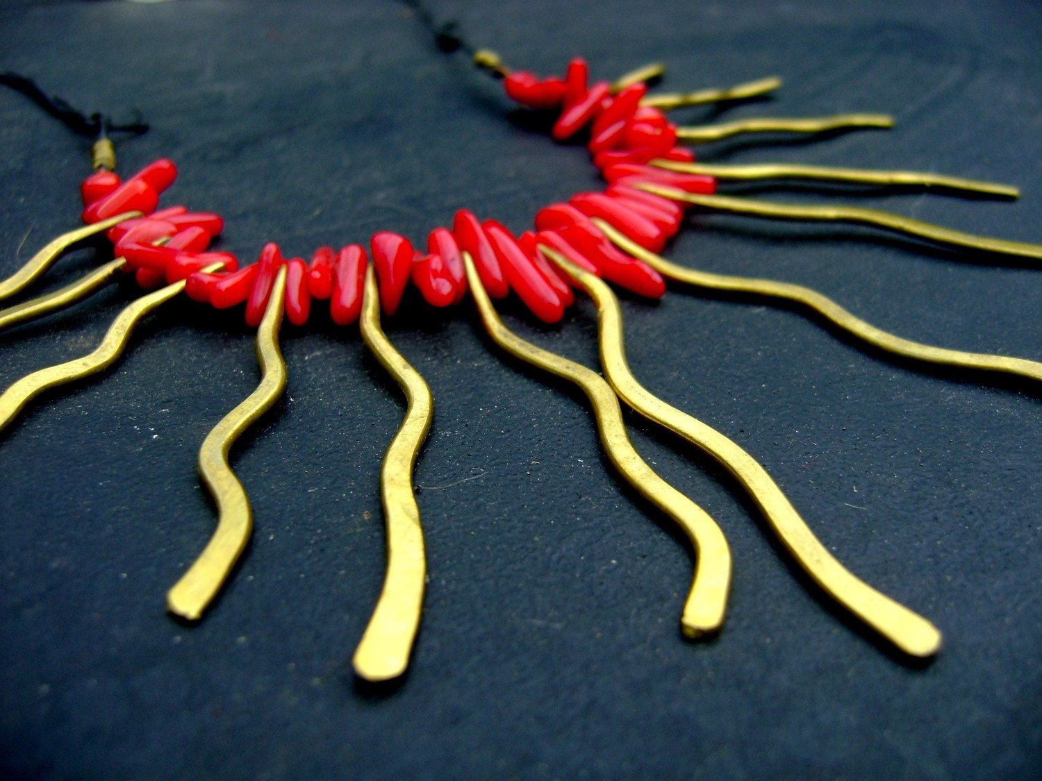 Red Coral and Recycled Brass Fringe Necklace. One of a Kind. Jewelry by FullSpiral on Etsy