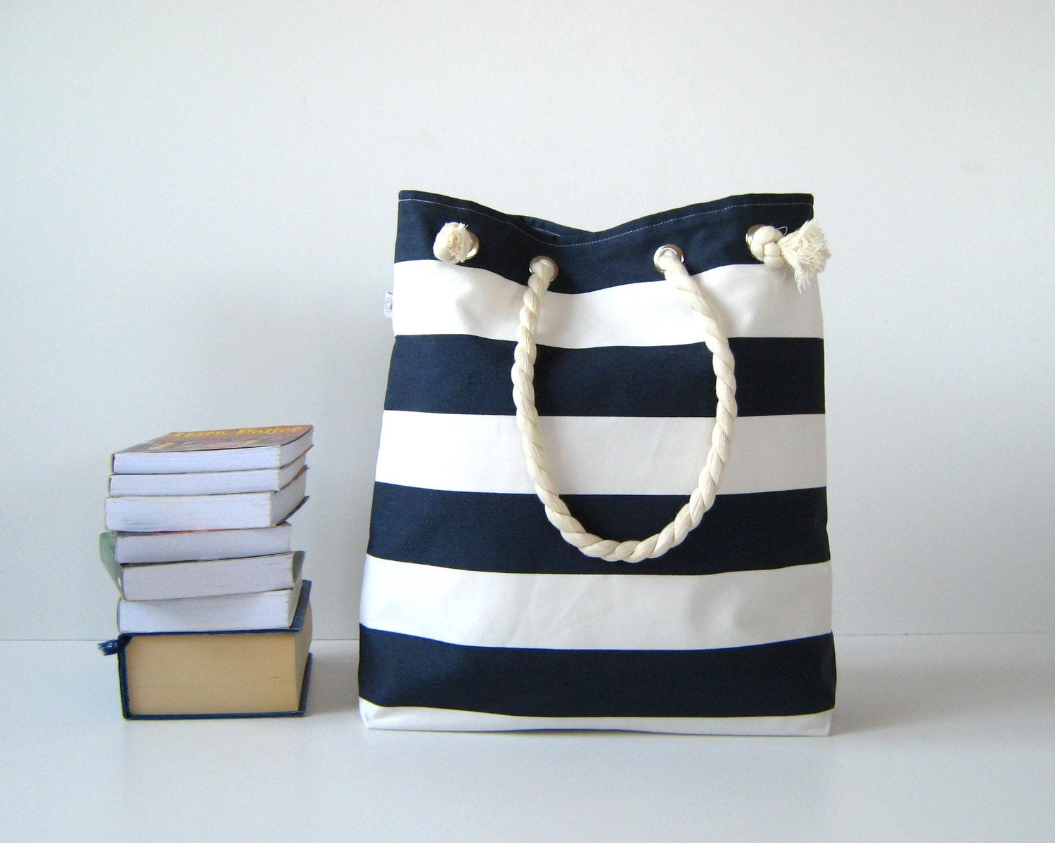 Sailor Tote Bag --for market or beach or gym-- - dark blue and white bold striped, X-Large and cotton rope straps-