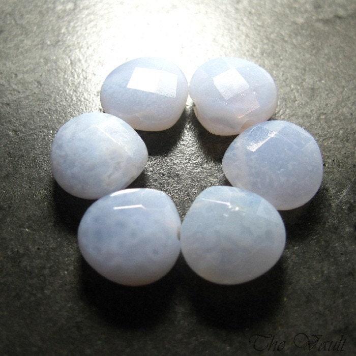 Cloud Blue Chalcedony faceted heart briolettes, 13mm, 6 gemstone briolettes