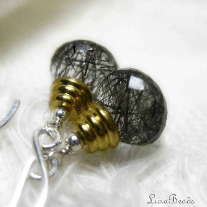 Tourmalinated Quartz gemstone mixed metal sterling silver earrings