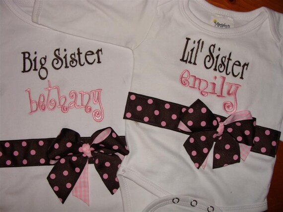 Magabys Custom Boutique PeRSoNaLiZeD LIttle OR Big Sister Onesie Bodysuit with ribbons and bows YoU CHOOSE the RIBBON