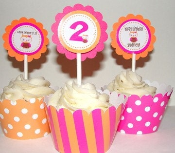 Personalized Birthday Owl Cupcake Toppers for Girl Owl Birthday Party in Pink and Orange