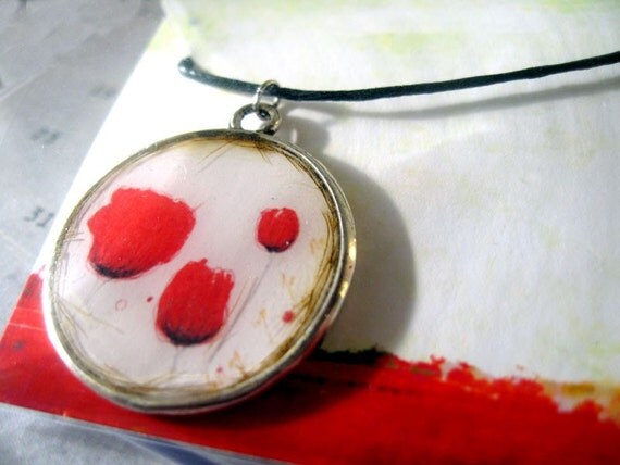 Red Poppies - metal and resin pendant/necklace