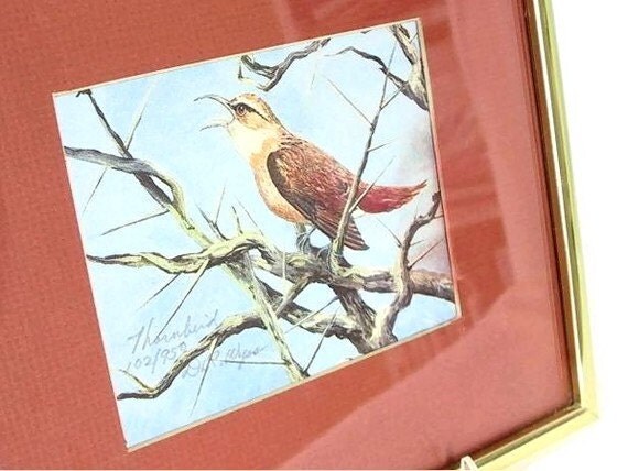 Vintage Bird Print Framed Matted Signed and Numbered Thornbird 1980s