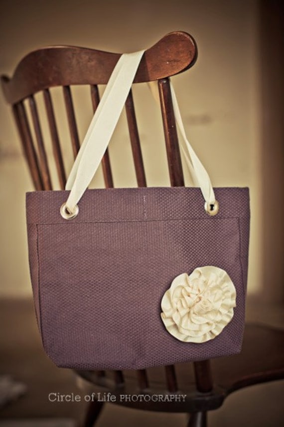 Placemat purse eggplant with ribbon flower pin