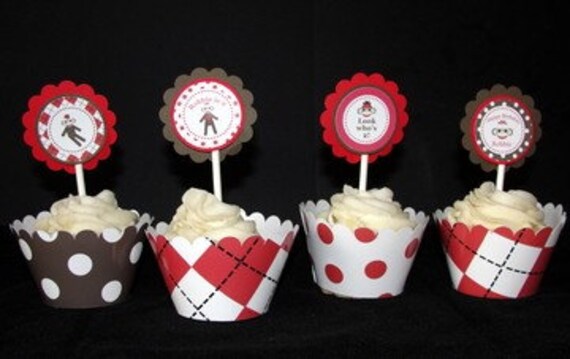 Personalized Boy Sock Monkey Birthday Party Cupcake Toppers