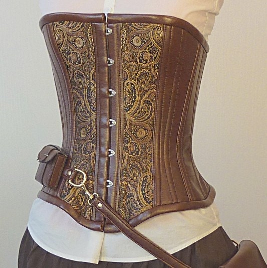 Custom Steampunk utility corset, bronze Neo-Victorian coutil steel boning