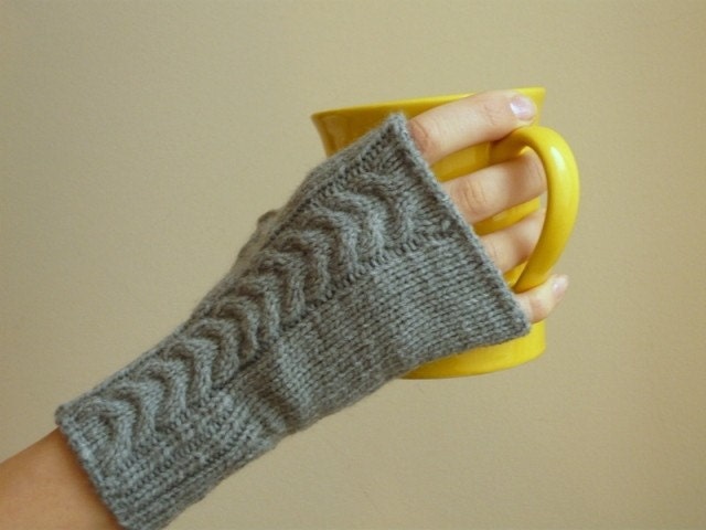 Mittens Cable Handknited  - soft  grey fingerless gloves