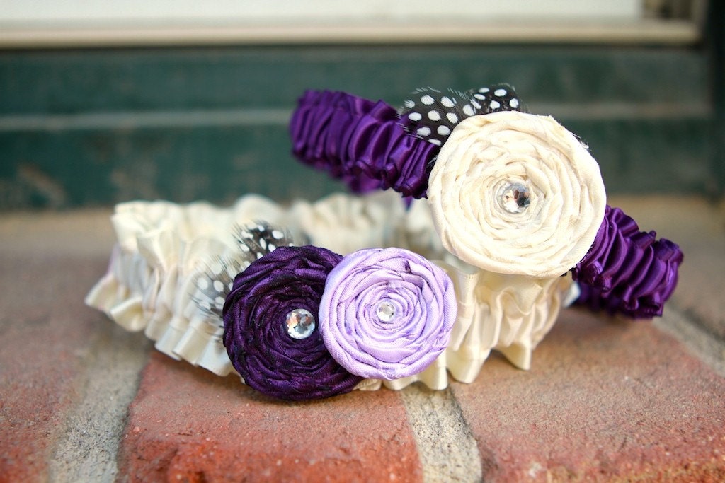 SHADES- Purple and Antique White Ivory Garter Set with Rosettes and Guinea Feathers