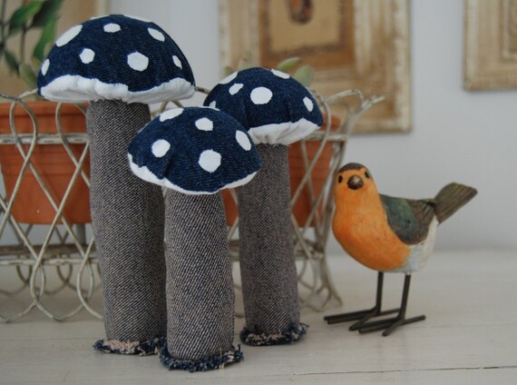 Denim Mushrooms-set of 3-100 percent recycled fabric