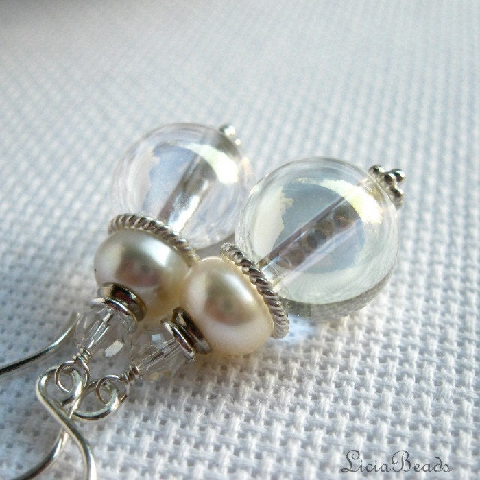 Ice and Cream - Quartz, freshwater pearl and sterling silver earrings