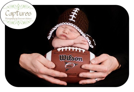 Baby Football Hat with Earflaps and Braided Ties, Brown, You Choose Size- Preemie, Newborn, infant, Todder, Child