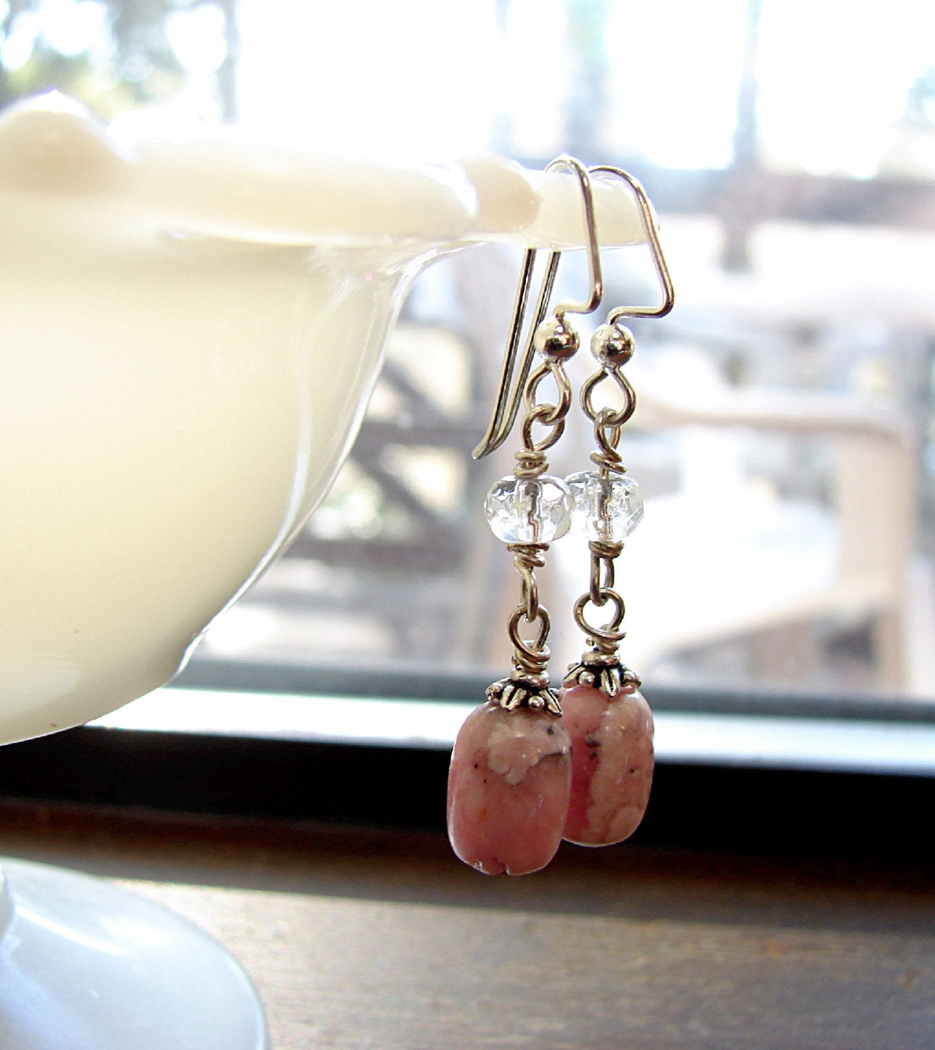 Pink dangle earrings, rhodocrosite wedding