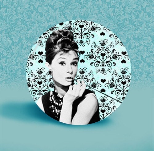 Audrey Hepburn with Altered Damask Background 2 1 4 Pocket Mirror or Bottle 
