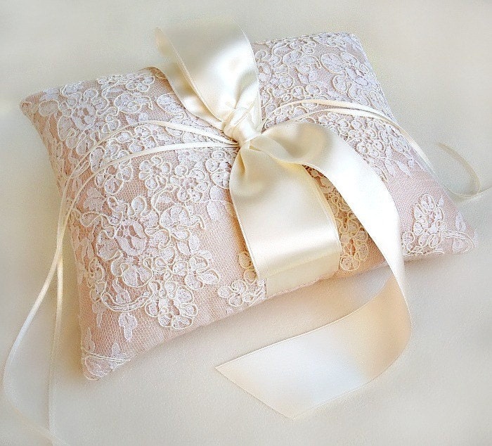 Lillian Blush Pink Silk and Vintage Ivory Alencon Lace Ring Pillow