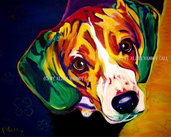 Colorful Pet Portrait Beagle Dog Art Print 8x10 by Alicia VanNoy Call