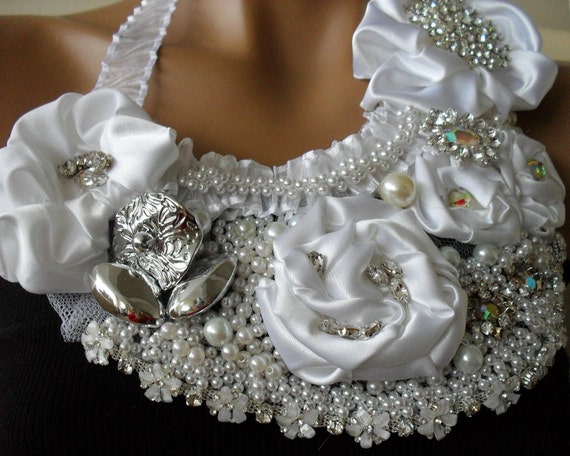 Handmade Weddings Pearl,Satin Necklace with full swarovski crystals
